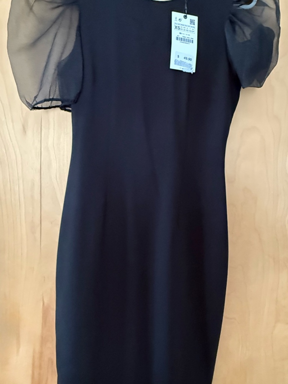 Zara Black Midi Dress with Sheer Puff Sleeves